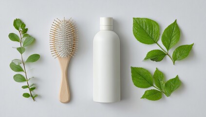 Natural hair care products.  A light beige wooden hairbrush, a white plastic bottle, and fresh green leaves arranged on a white background