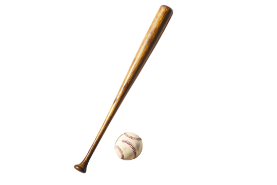 Baseball bat and ball resting on a black surface in soft lighting on transparent background