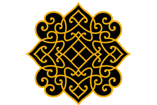 Kazakh traditional pattern with intricate swirling lines, geometric motifs reflecting cultural heritage, transparent background supporting graphic design needs - Powered by Adobe