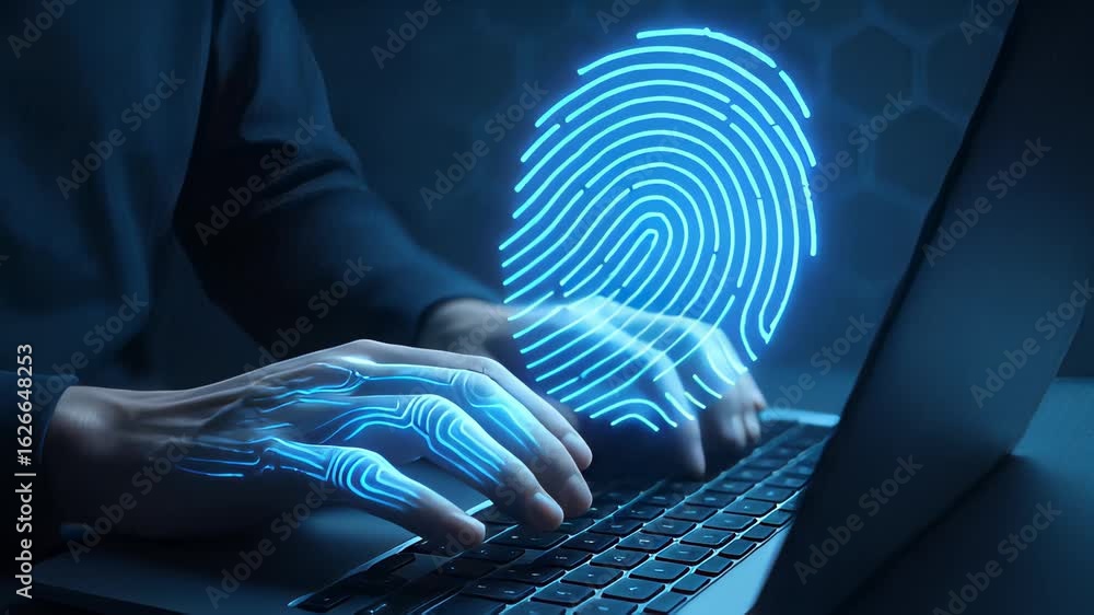 Poster closeup shot of hands typing on a laptop featuring a glowing fingerprint display indicating advanced
