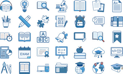 Collection of education icons depicting school supplies learning knowledge and academic success