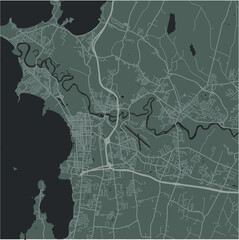 Map of Burlington in Vermont in a smooth dark style. Contains layered vector with roads water, parks, etc.