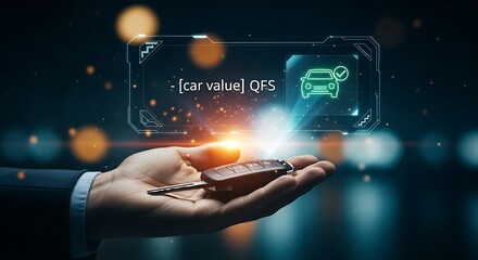 Buying a car with QFS. A hand holds a car key, with a hologram floating above showing the transaction details and a green checkmark.