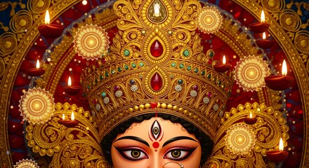 Fototapeta premium Close-up of Goddess Durga's face with a vibrant, decorated crown, surrounded by glowing diyas and festive golden decorations.