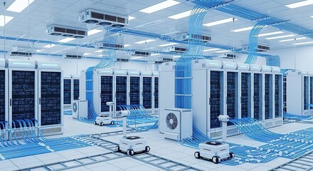 Modern Data Center with Servers, Cooling Systems, and Autonomous Robots