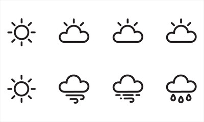 Obraz premium Set of eight black and white weather icons including sun and clouds rain