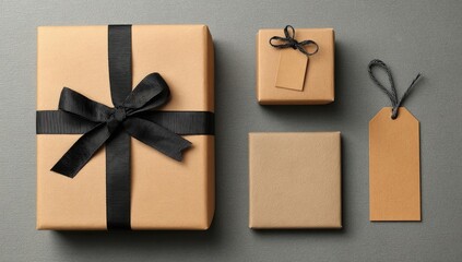 Four neutral-toned gift boxes and tags arranged on a gray surface.  A large box with a dark ribbon bow, and three smaller boxes of kraft paper with simple tags are visible