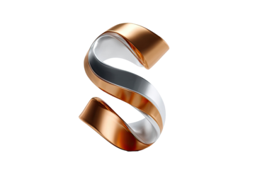 Bold, stylized letter "S" in copper and silver.  3D rendered,  abstract, swirling design