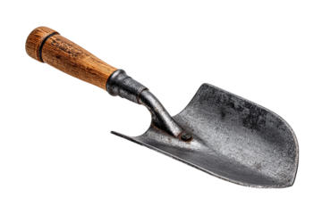 Vintage metal trowel with wood handle.  Dark, aged metal blade.  Simple, functional tool