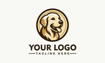 A golden retriever dog logo design, smiling with tongue out, inside a circular frame.