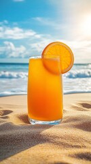 Refreshing orange cocktail with a vibrant slice garnish, sitting on golden sandy beach with turquoise ocean waves and blue sky background, embodying summer vacation relaxation