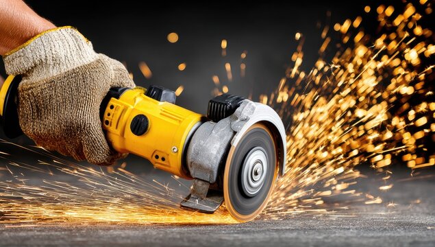 Close-up of a hand-held angle grinder cutting metal, sparks flying - Powered by Adobe