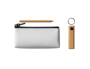Light gray pouch with wooden accessories