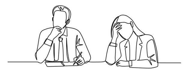 Continuous line art of a man and woman who are stressed and tired of their work. The concept of a tiring job