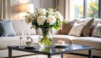 Elegant Living Room Interior with White Roses