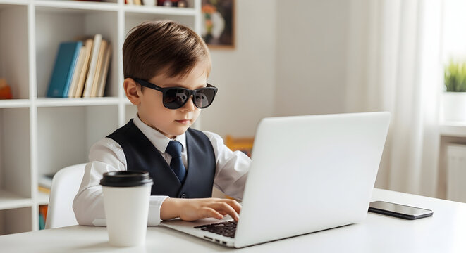 Young Boy CEO Kid Entrepreneur Working on Laptop Computer Business Success Future Leader