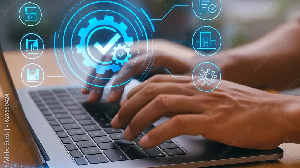 Poster closeup of hands typing on laptop with technology interface features highlighting productivity and e