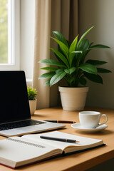 Fototapeta premium Minimalist Home Office Workspace with Laptop, Coffee and Green Plant