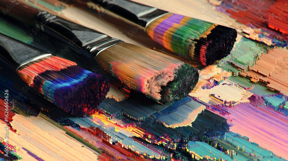 Poster close-up view of colorful paintbrushes on a textured surface.