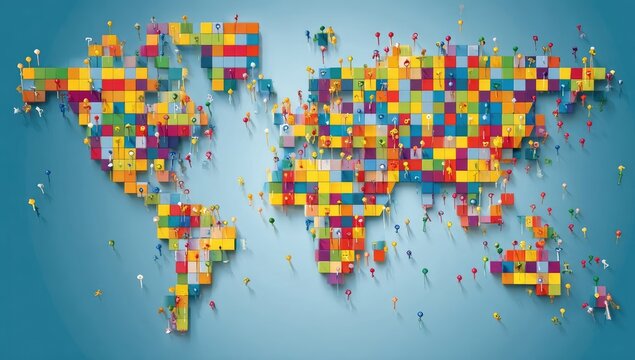 World map composed of colorful, square blocks, with small pins scattered across
