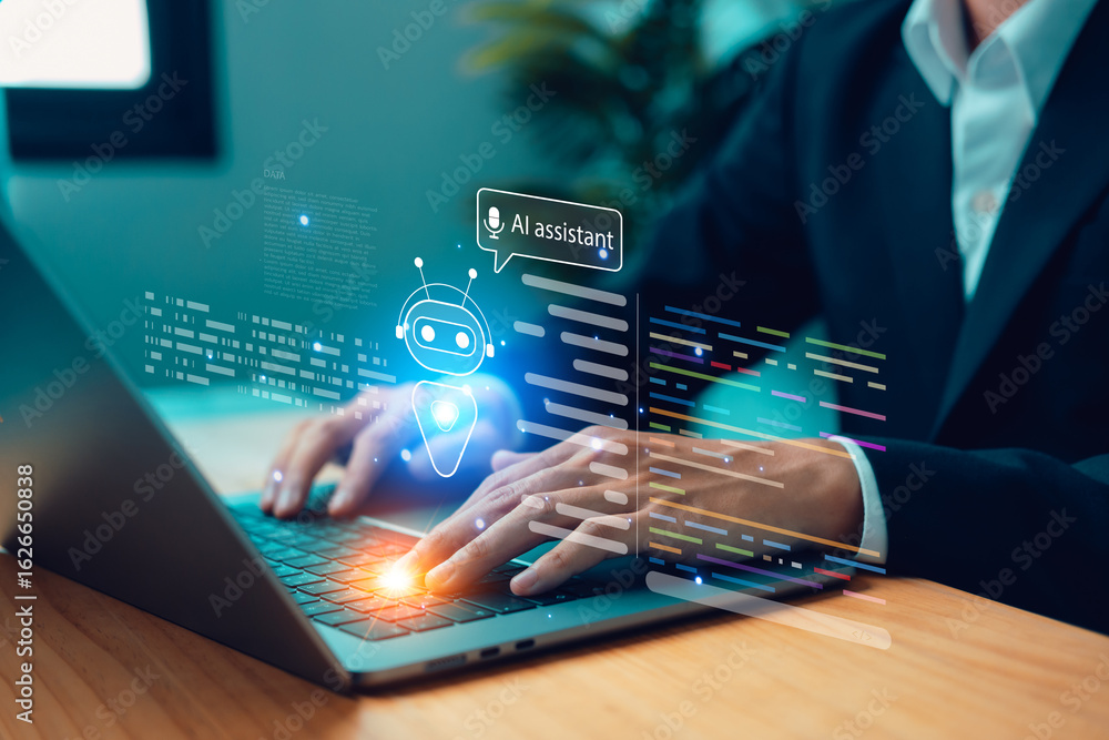 Poster ai assistant. businessman using laptop with interface and chatbot technology. concept of artificial 