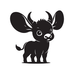 Cute Baby Ankole Watusi Silhouette Vector with Oversized Ears and Chubby Body Adorable Horned Calf Clipart Design