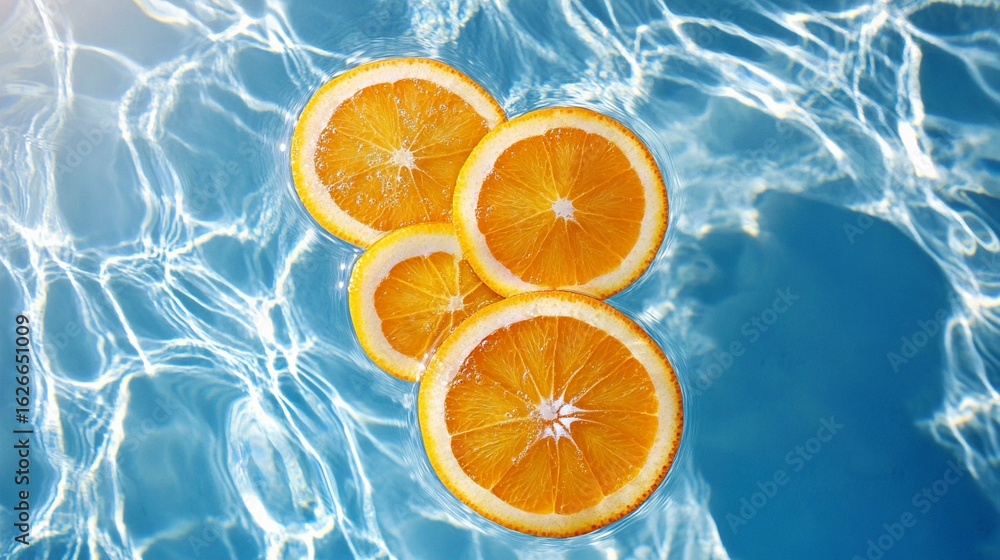 Poster refreshing citrus slices floating on crystal clear blue water, creating a vibrant summer-inspired co