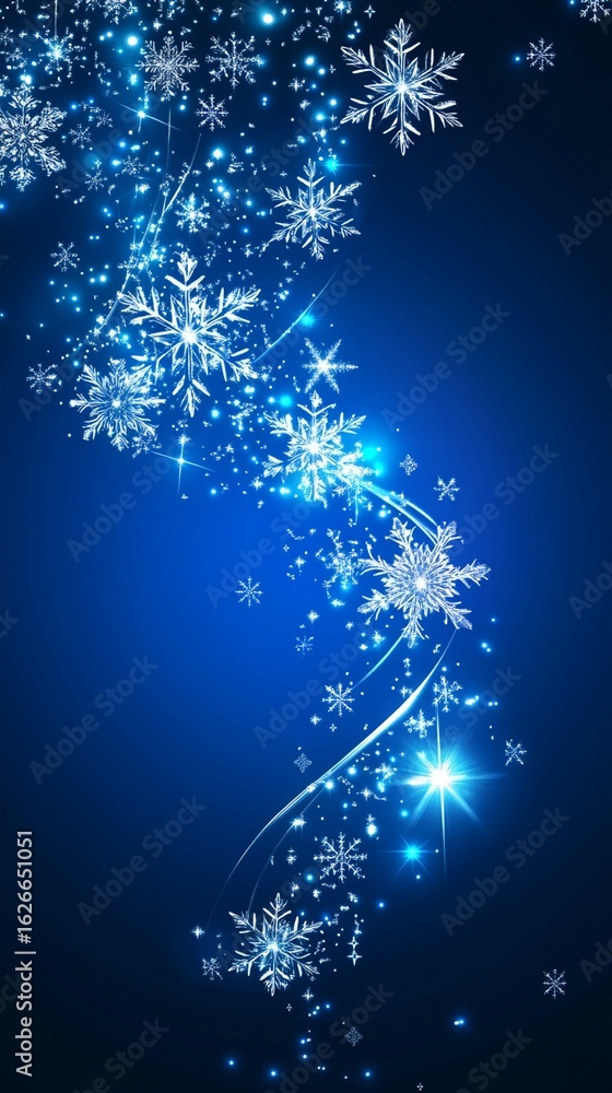 Poster magical winter snowflake dance swirling in deep blue night sky, creating ethereal frost pattern with