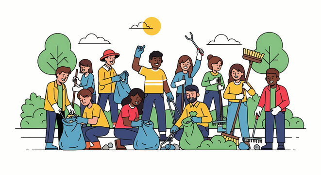 A diverse group of community volunteers working together for an environmental park cleanup. Teamwork and social responsibility in action.