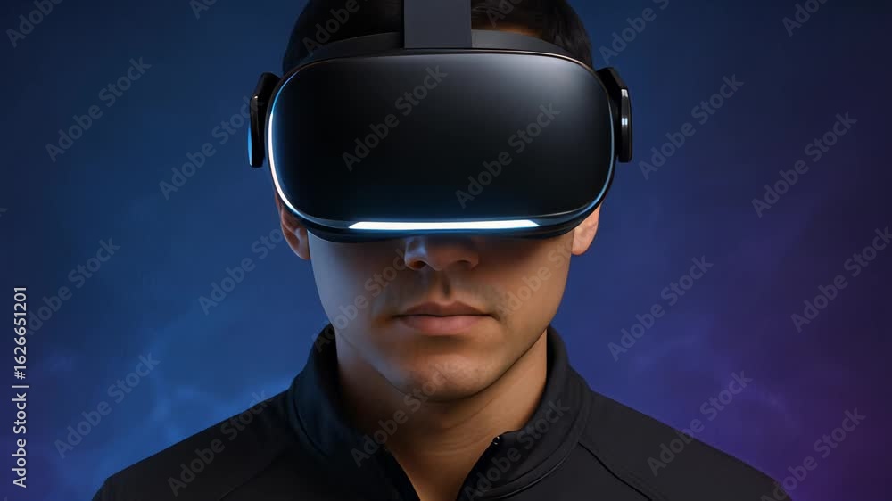 Poster exploring immersive technology with a sleek virtual reality headset in a modern setting