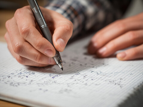 Hands writing math equations on graph paper