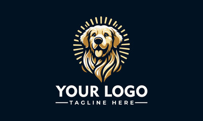 Golden retriever logo design with a radiant effect, featuring a happy dog's head and tagline space.