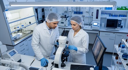 Two scientists in a modern laboratory wearing white coats and hairnets examining a sample under a microscope
