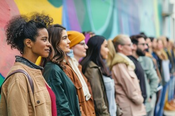 A diverse group of voters, different people of different backgrounds, ages, and cultures, lining up