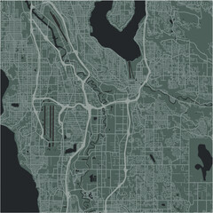Map of Renton in Washington in a smooth dark style. Contains layered vector with roads water, parks, etc.