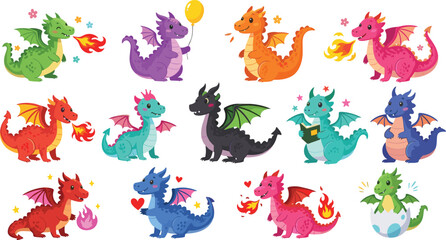 Cartoon dragon vector set, colorful fantasy creatures, cute mythical animals, dragon illustrations pack, whimsical character design, playful monster icons