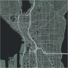 Map of Seattle Center in Washington in a smooth dark style. Contains layered vector with roads water, parks, etc.