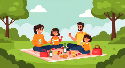 Happy family enjoying a summer picnic in the park, a concept of togetherness and outdoor leisure.