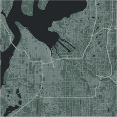 Map of Tacoma in Washington in a smooth dark style. Contains layered vector with roads water, parks, etc.