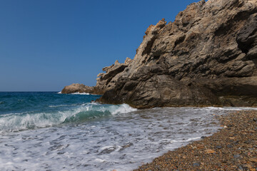 Nas beach with rugged cliffs, Ikaria island, Greece