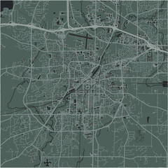 Map of Waukesha in Wisconsin in a smooth dark style. Contains layered vector with roads water, parks, etc.