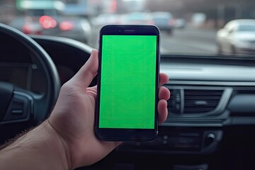 A hand holds a smartphone with a green screen inside a car. Blurry city traffic is visible through the window