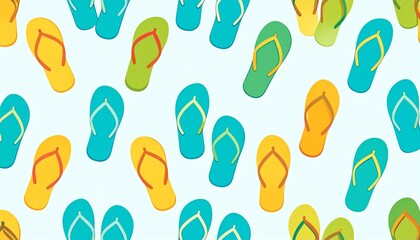 A vibrant and playful seamless pattern of colorful summer flip-flops scattered across a light blue background, perfect for warm weather designs and vacation-themed projects and textiles