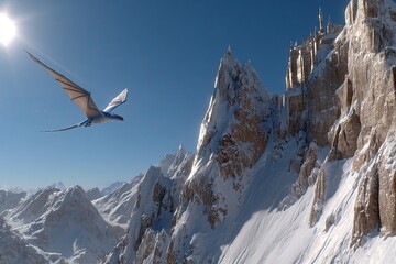 Dragon soaring above a snowy mountain range with a majestic castle