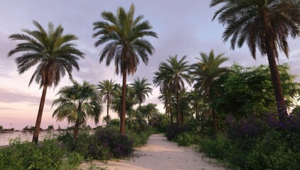 Palm tree-lined path at dawn