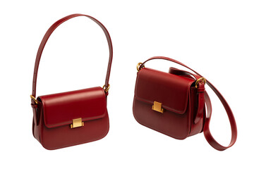 Burgundy shoulder leather bag isolated on white background.