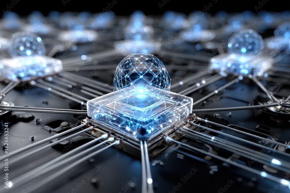 Poster exploring futuristic technology with interconnected nodes and glowing spheres