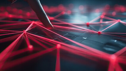 Finger touching network of red lines and dots
