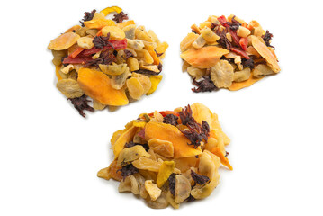 Mix of dried exotic fruit, mangos,slices of pineapples, passion fruit, papaya.