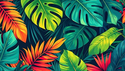 Vibrant Tropical Foliage A Colorful Botanical Background with Lush Green and Red Leaves